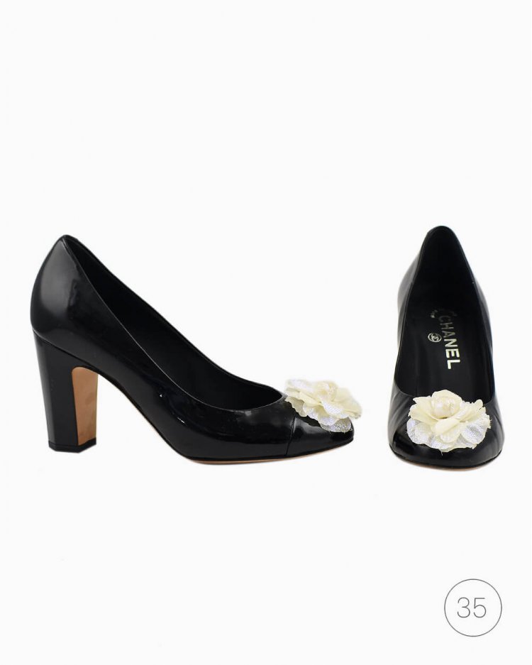 Sapato Chanel original White Camellia preto feminino