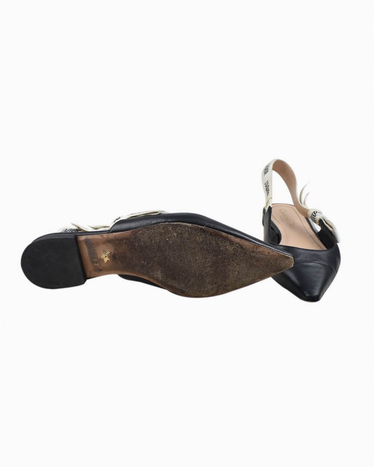 Sapato Christian Dior J'Adior Slingback Ballerina Flat de Couro Preto