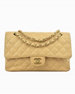 Bolsa Chanel Double Flap Medium de Couro Caviar Bege 