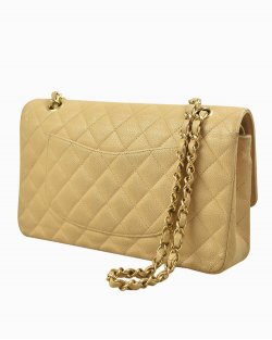 Bolsa Chanel Double Flap Medium de Couro Caviar Bege 