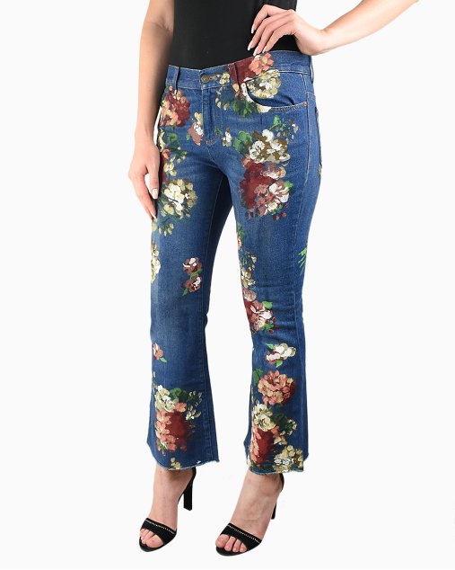 Calça Gucci Original Jeans Azul com Pintura de Flores Feminina