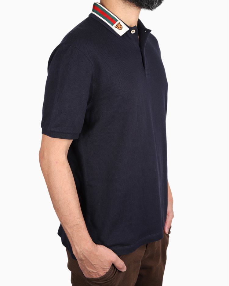 Camisa Gucci Original Polo Web And Feline Head Azul Masculina