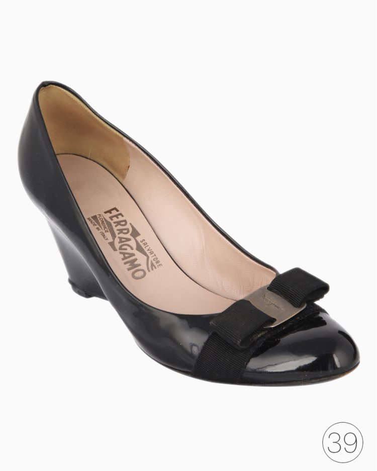 Sapato Salvatore Ferragamo Original Wedge Couro Verniz Preto Feminino