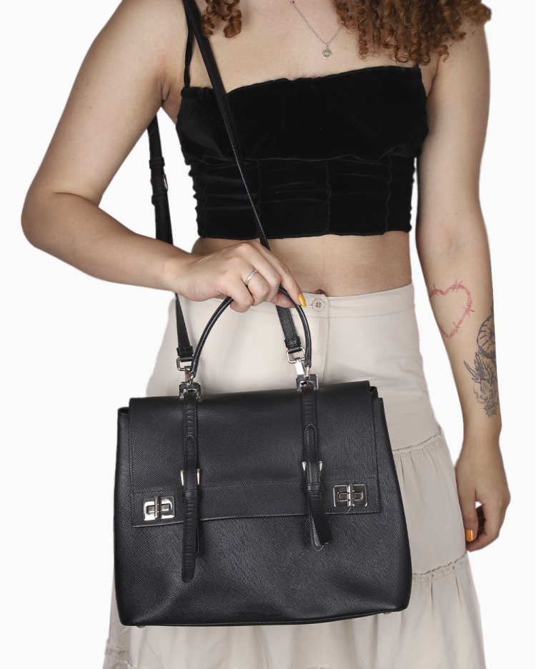 Bolsa Prada Original Half Flap Double Turn Lock Saffiano Preta
