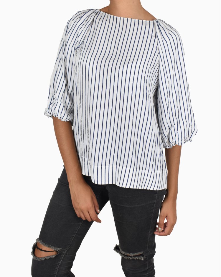 Blusa Massimo Dutti Original Listrada Branca e Azul Feminina