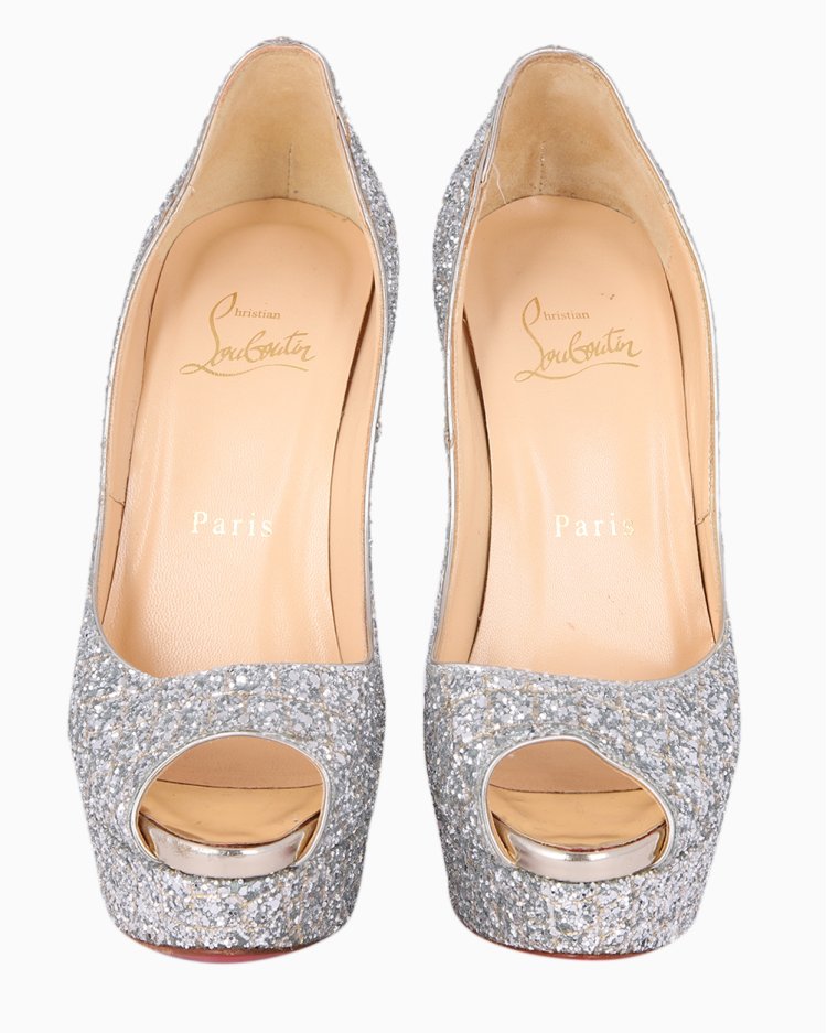 Sapato Louboutin Original Lady Peep Glitter Prata Feminino