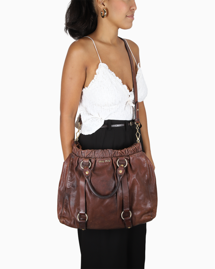 Bolsa Miu Miu Original Vitello Lux Gathered Marrom Feminina
