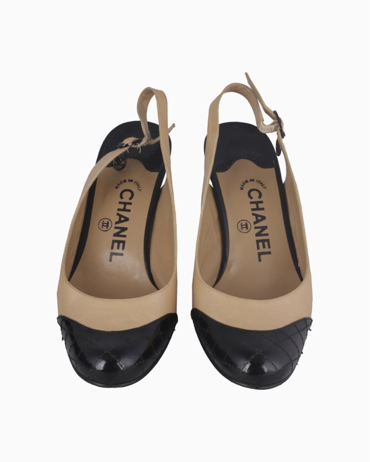 靴 Vintage Chanel Camellia Slingback 39 1/2 Sapato de Salto Chanel Slingback Bicolor - OWW5 Original