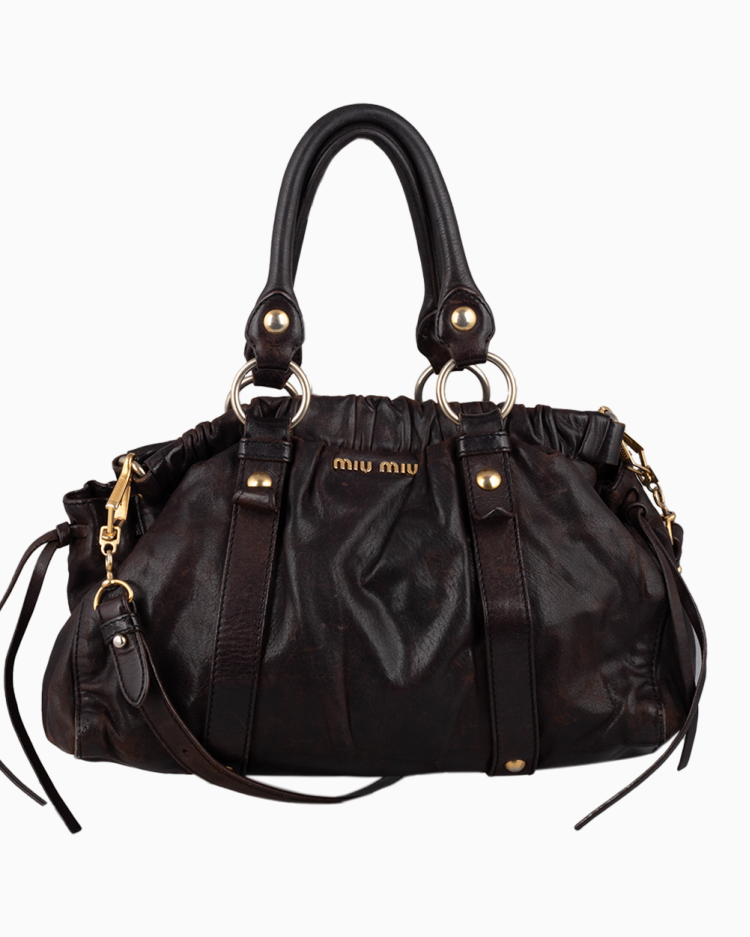 バッグ miu miu vitello lux 2way hand bag black Bolsa Miu Miu Original Vitello Lux Gathered Café Feminina