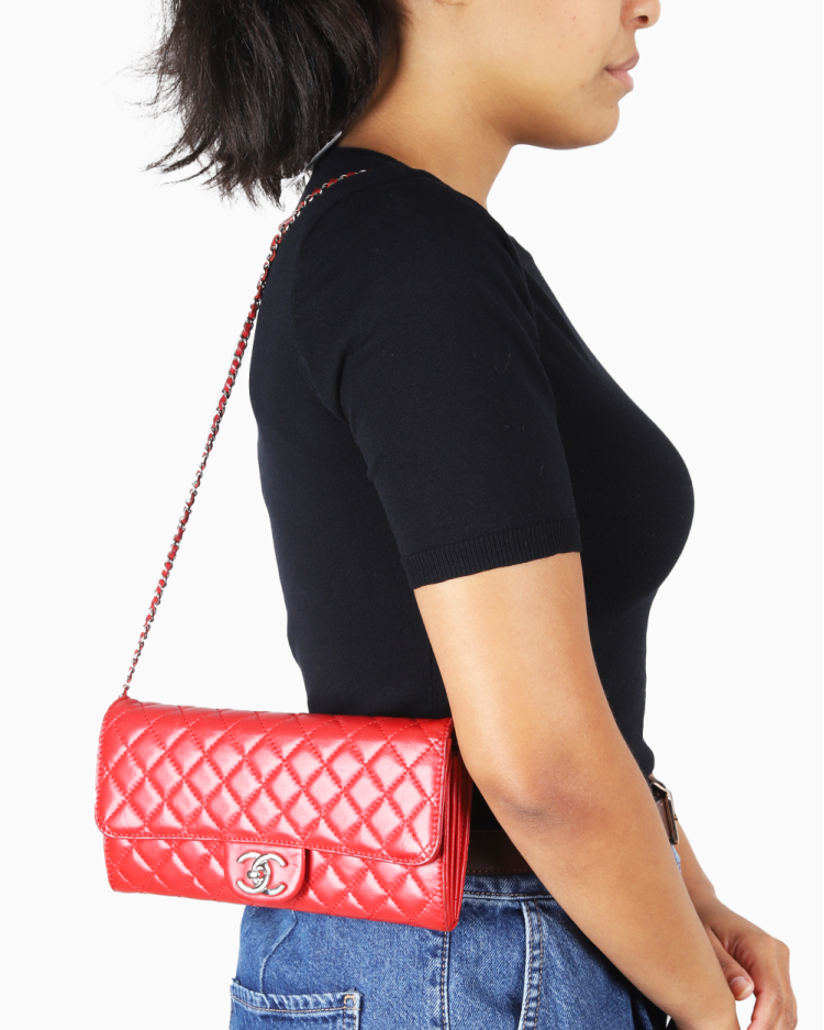 Bolsa Chanel Original Shoulder Single Flap Lambskin Vermelha Feminina