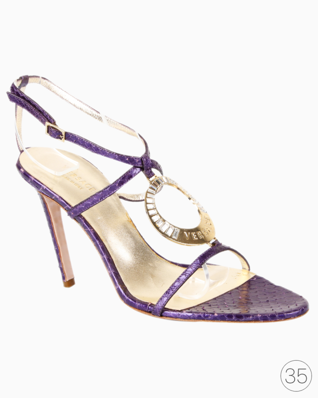 Sandália Versace Original Python Logo Plaque Roxa e Dourada Feminino