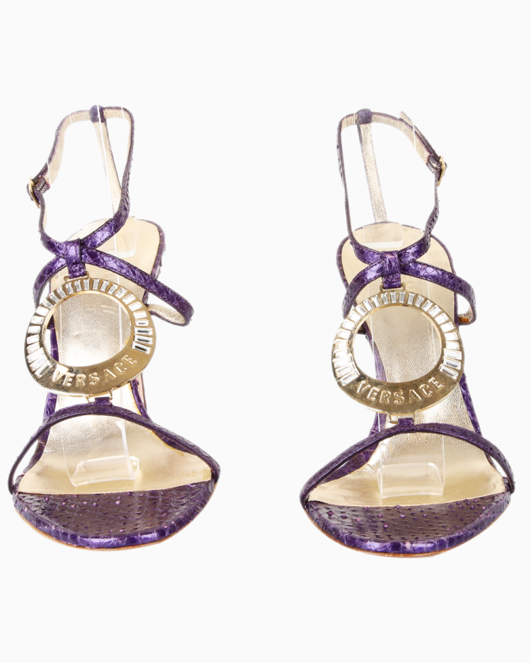 Sandália Versace Original Python Logo Plaque Roxa e Dourada Feminino