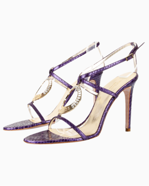 Sandália Versace Original Python Logo Plaque Roxa e Dourada Feminino