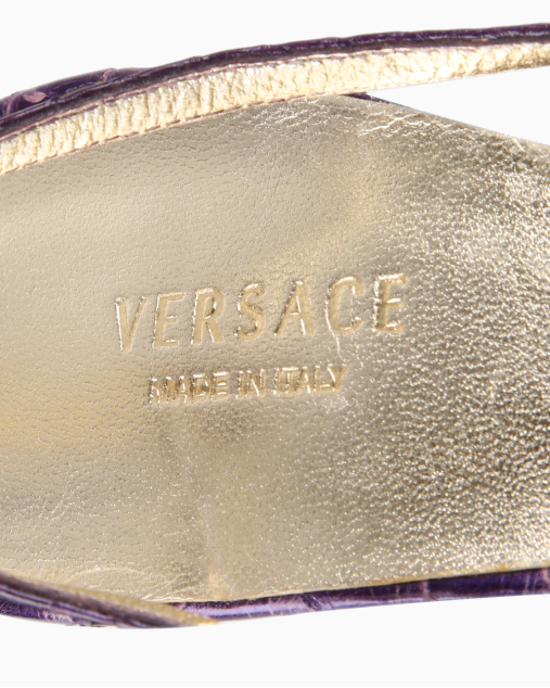 Sandália Versace Original Python Logo Plaque Roxa e Dourada Feminino