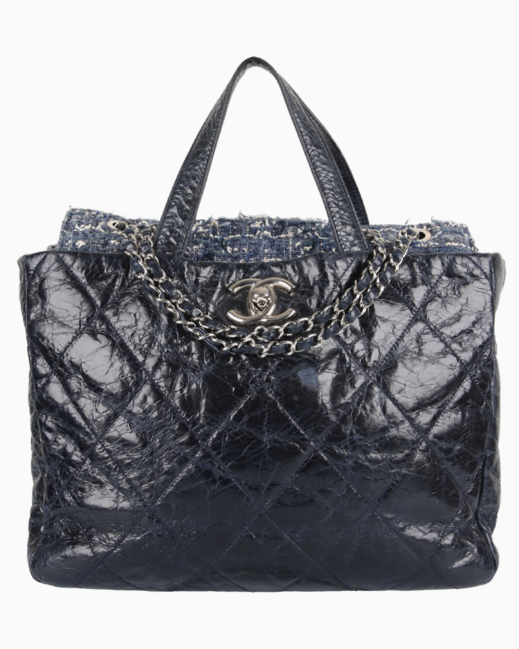 Bolsa Chanel Original Portobello Tweed Calfskin Azul Verniz Feminina