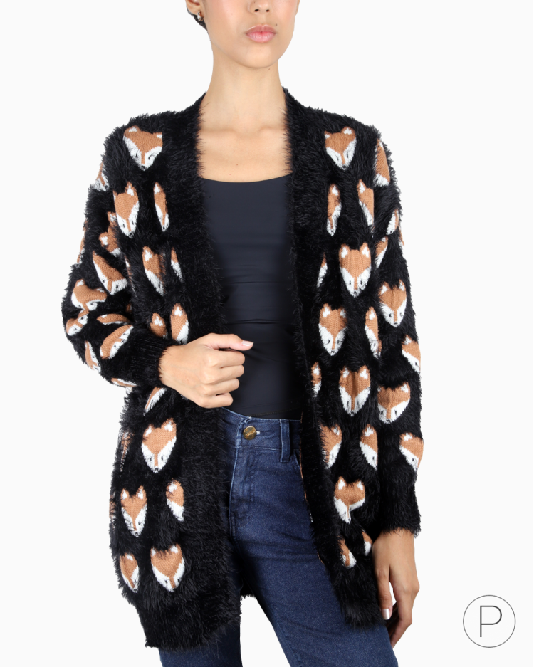 Cardigan Carol Bassi Original Pelúcia Raposas Preto Feminino