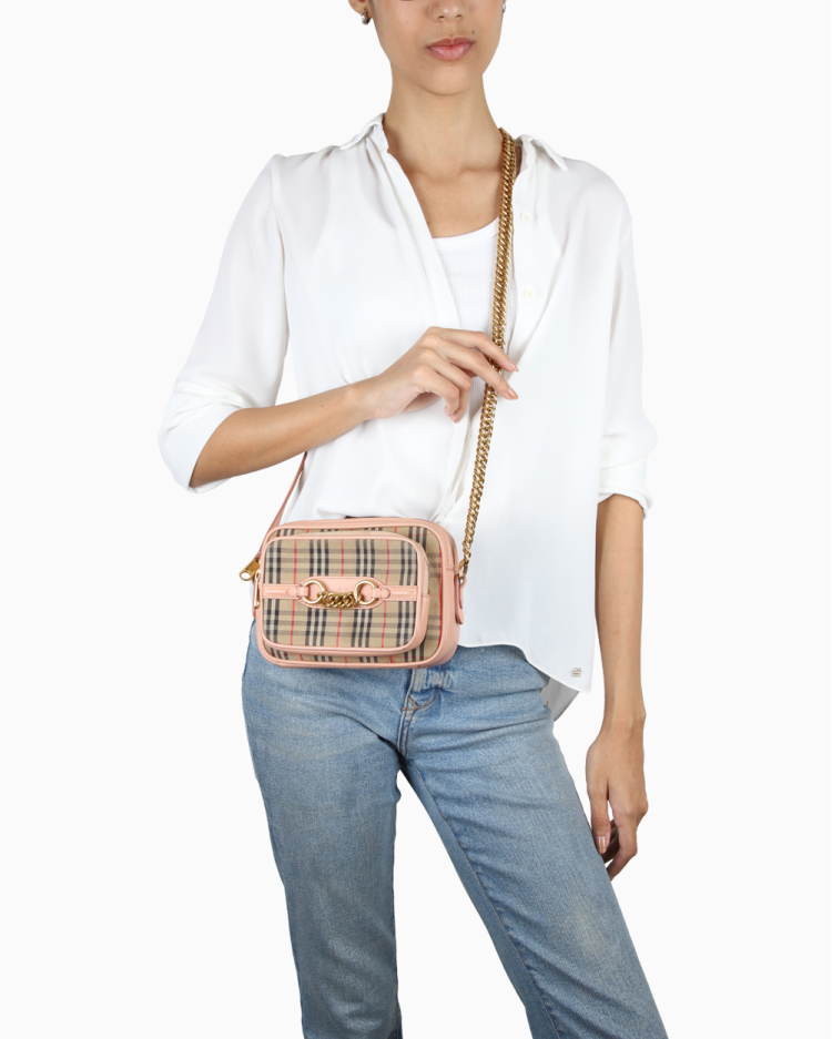 Bolsa Burberry Original 1983 Knight Check Link Camera Rosa Feminina
