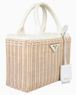 Bolsa Prada Tote em Vime Com Placa de Logo Off White