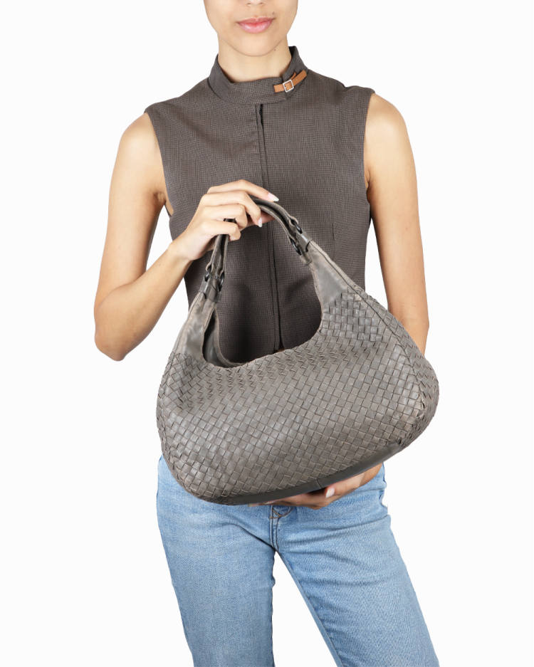 Bolsa Bottega Veneta Original Nappa Woven Campana Cinza Feminina