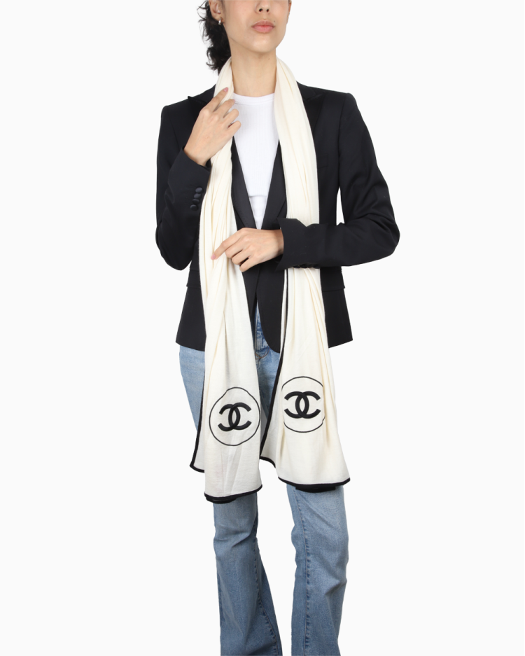 Xale Chanel Original Cashmere CC Bordado Off White Feminino