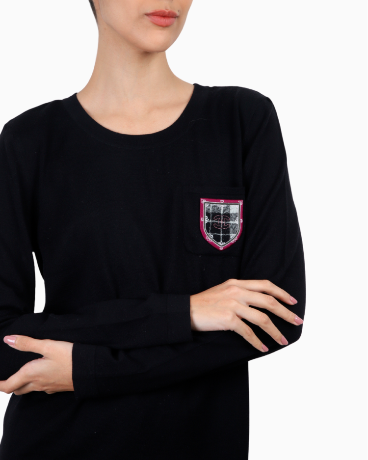 Blusa Chanel Original Lã Manga Longa Brasão CC Preta Feminina