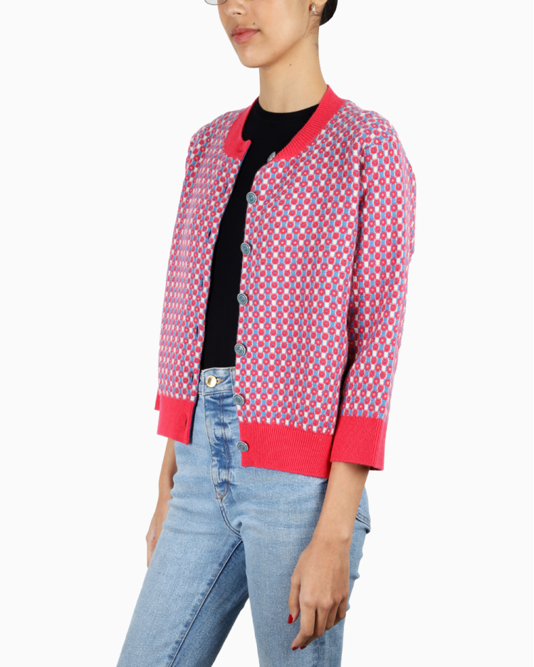 Cardigan Chanel Original Cashmere Azul e Rosa Pink Feminina