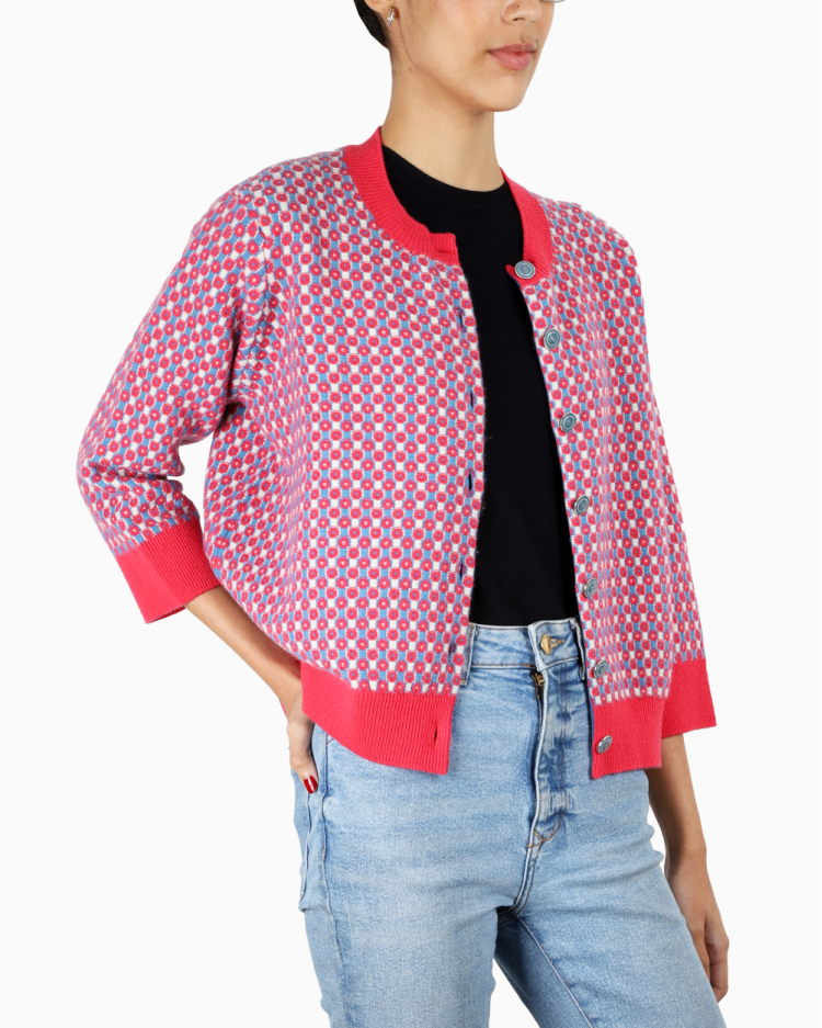 Cardigan Chanel Original Cashmere Azul e Rosa Pink Feminina