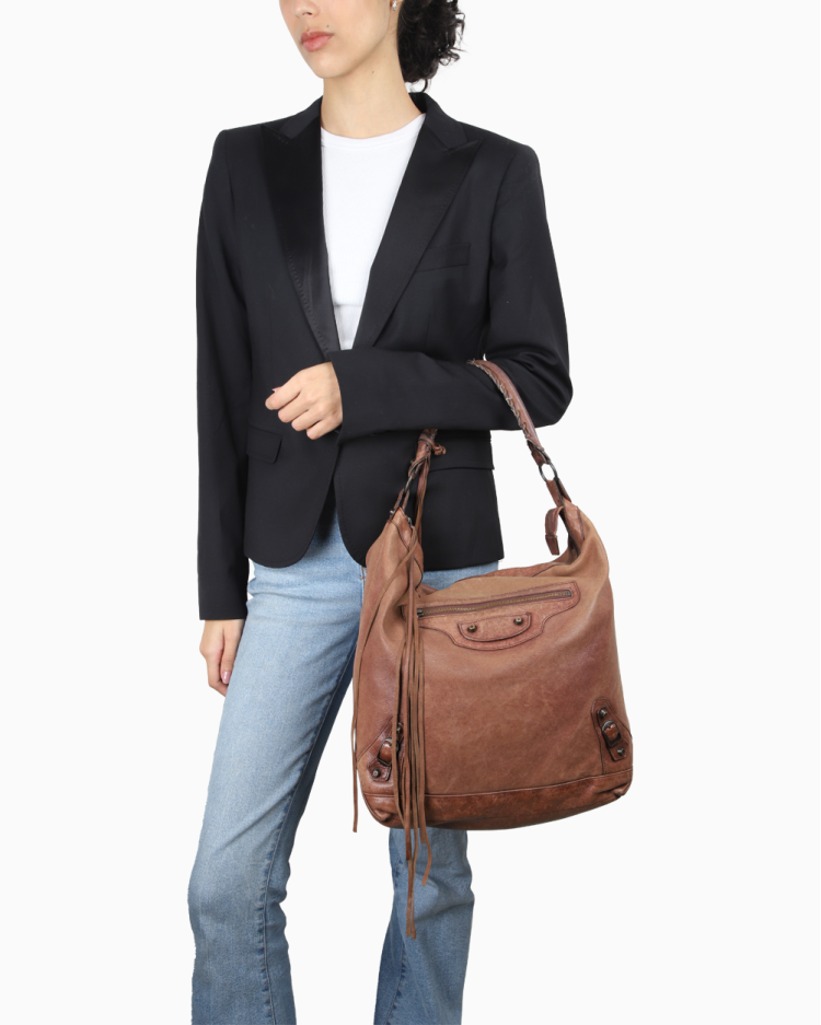 Bolsa Balenciaga Original Motorcicle Day Hobo Marrom Feminina