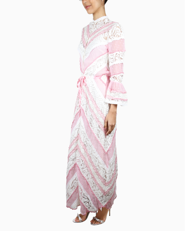 Vestido Carol Bassi Original Longo Renda Rosa e Branco Feminino