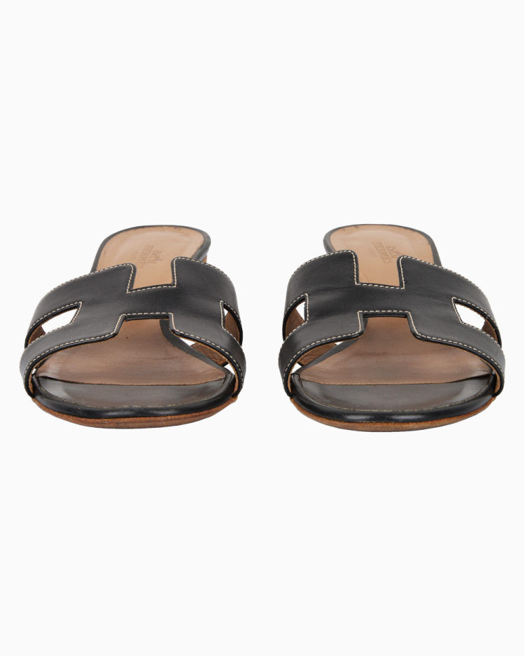 HERMES オアジス　38.5 黒　美品 HERMES エルメス レディース Hモチーフ ヒール付 サンダル 