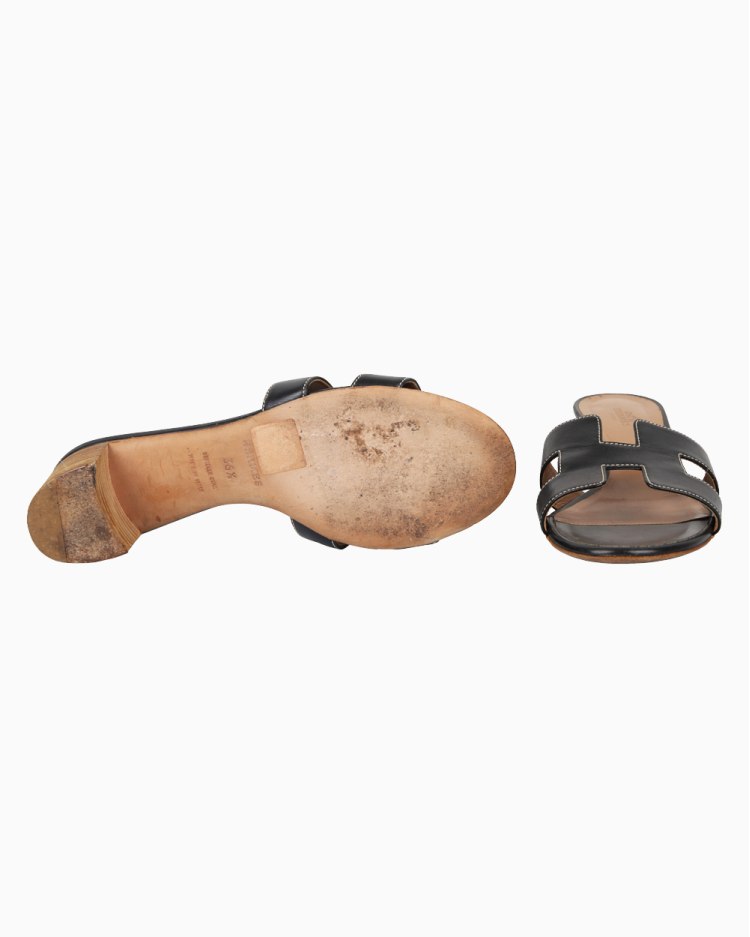 HERMES オアジス　38.5 黒　美品 HERMES エルメス レディース Hモチーフ ヒール付 サンダル 