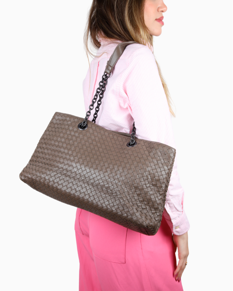 Bolsa Bottega Veneta Original Chain Tote Intrecciato Marrom Feminina
