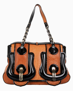 Bolsa Fendi Vintage B Bag Couro e Verniz Caramelo e Preta