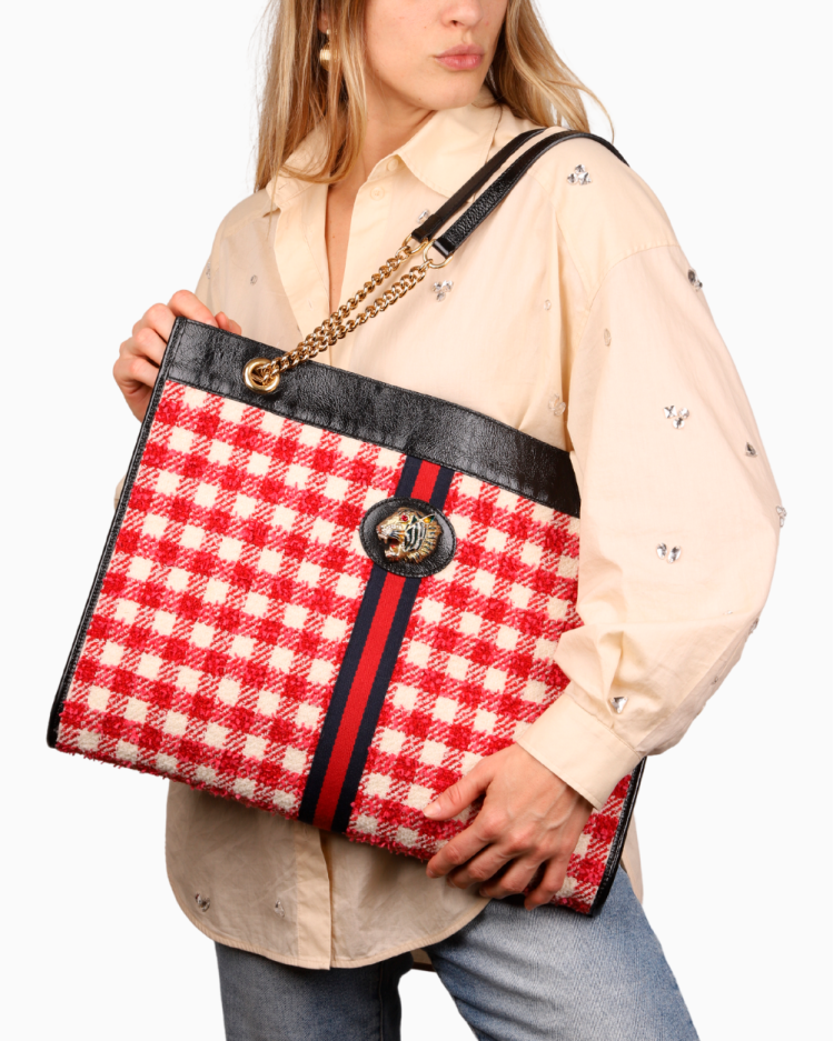 Bolsa Gucci Original Rajah Chain Tote Grande Tweed Xadrez Feminino