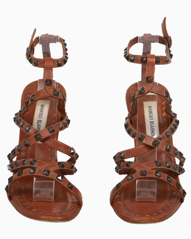 Sandália Manolo Blahnik Original Spikes Couro Marrom Feminino