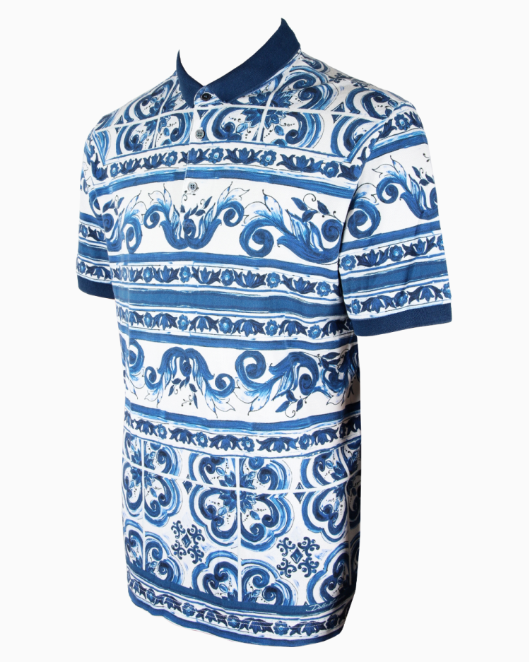 Camisa Polo Dolce & Gabbana Original Estampada Azul e Branca Masculina