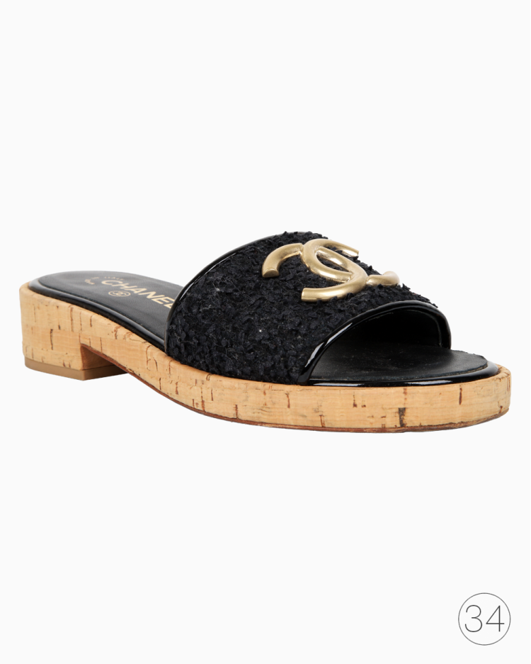 Mule Chanel Original Tweed CC Cortiça Preto Feminino