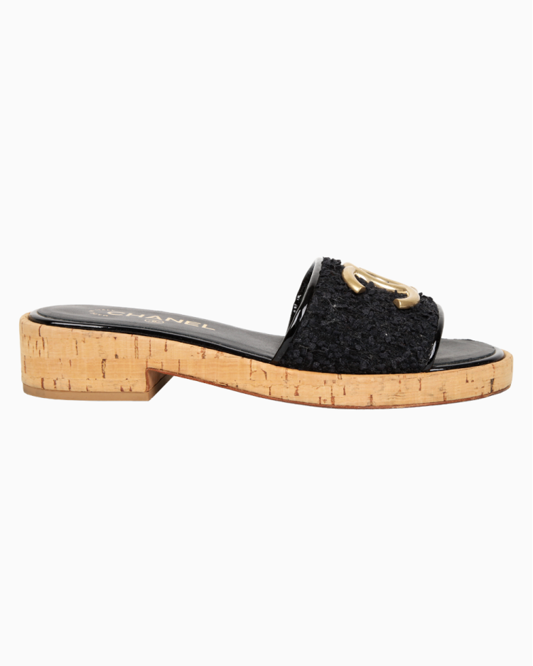 靴 Chanel CC Mules 37 1/2 Mule Chanel Original Tweed CC Cortiça Preto Feminino