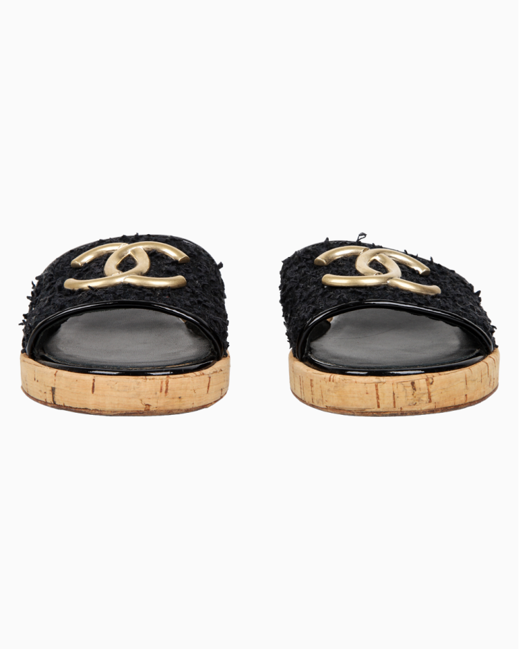 Mule Chanel Original Tweed CC Cortiça Preto Feminino
