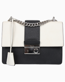 Bolsa Prada Saffiano Lock Shoulder Preta e Branca
