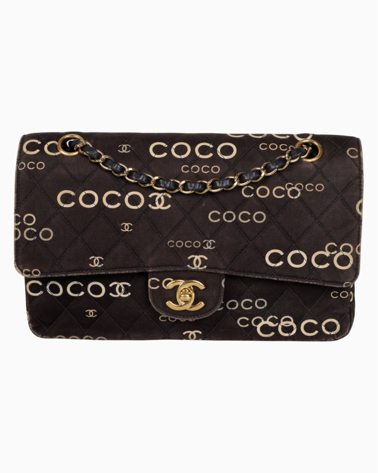 Bolsa Chanel Original Double Flap Canvas Coco Printed Preto Feminina
