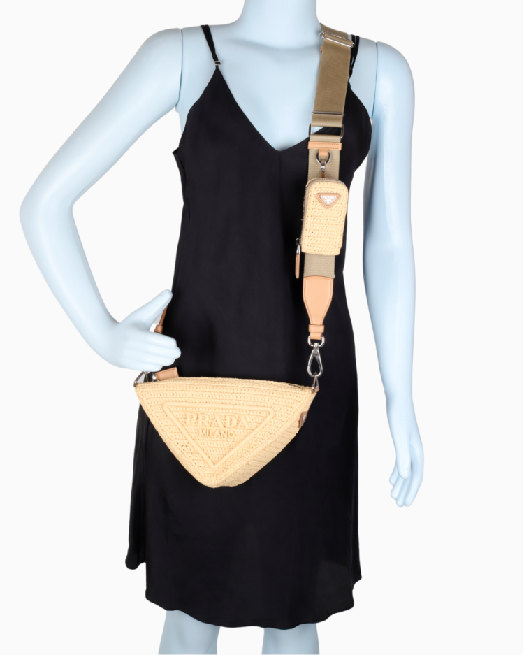 Bolsa Prada Original Triangle Logo Raffia Bege Feminina
