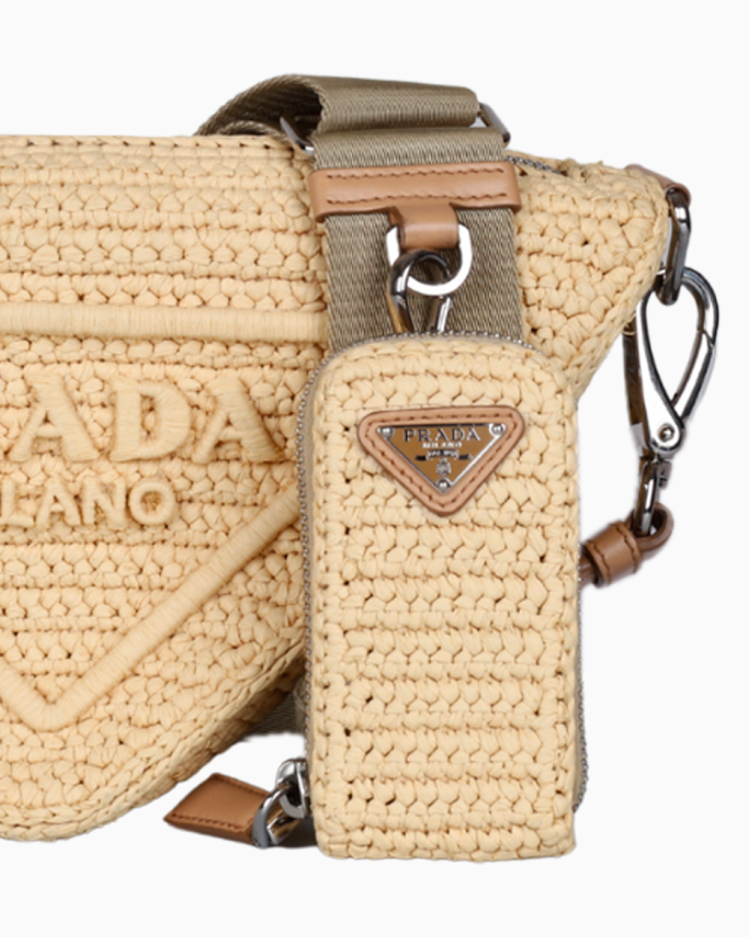 Bolsa Prada Original Triangle Logo Raffia Bege Feminina