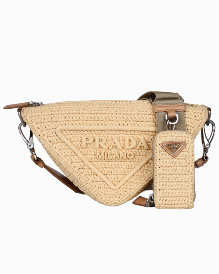 Bolsa Prada Original Triangle Logo Raffia Bege Feminina