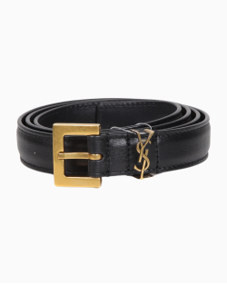 Cinto Saint Laurent  Cassandre com Fivela Quadrada em Couro Liso