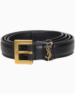 Cinto Saint Laurent  Cassandre com Fivela Quadrada em Couro Liso