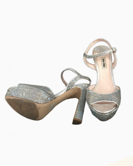 Sapato Miu Miu Original Paetês Prata Feminino Salto Alto Luana